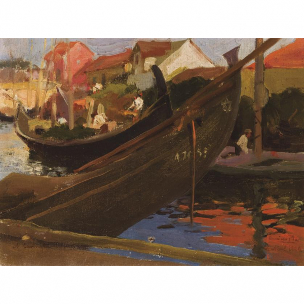 Cecilio Pla y Gallardo.   "Barcos en el puerto (1912)". Óleo sobre lienzo. Firmado en el ángulo inferior derecho.