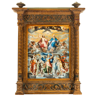 "Arc&aacute;ngel San Miguel Rodeado de &Aacute;ngeles frente a Dios Padre, Jesucristo y el Esp&iacute;ritu Santo", a la manera de Bernardo Bitti, posiblemente Escuela Colonial Peruana del siglo XVII.   &Oacute;leo sobre cobre