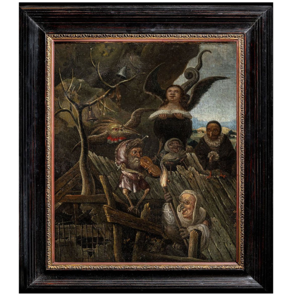 Círculo de Hieronymus Bosch (Bolduque, c. 1450-1516) "El techo de la locura" (Alegoría de la caída).   Óleo sobre lienzo. 