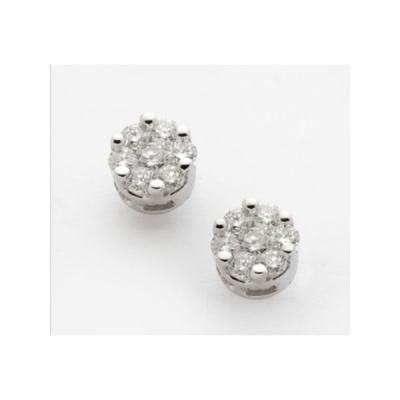 Pendientes en oro blanco con diamante talla brillante central y orla de 6 diamantes talla brillante, con un peso total de 0,6 cts. aprox.