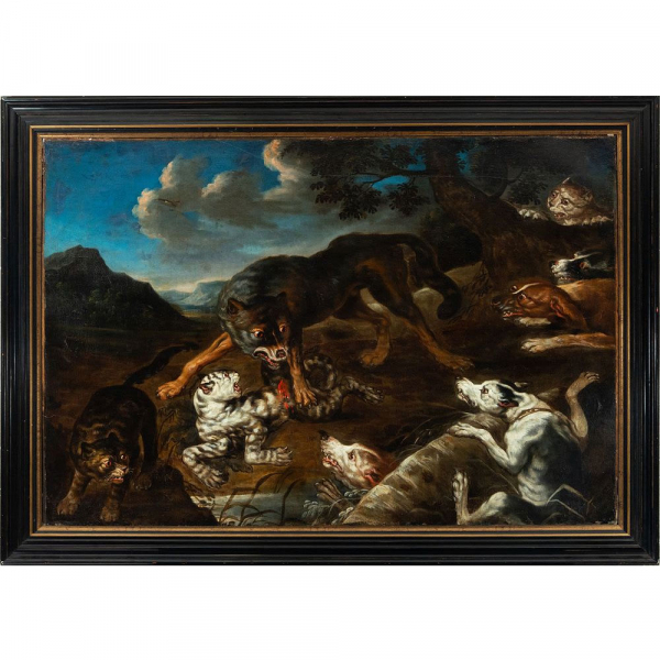 Escena de Caza, escuela flamenca de Paul de Vos del siglo XVII.    Óleo sobre lienzo.