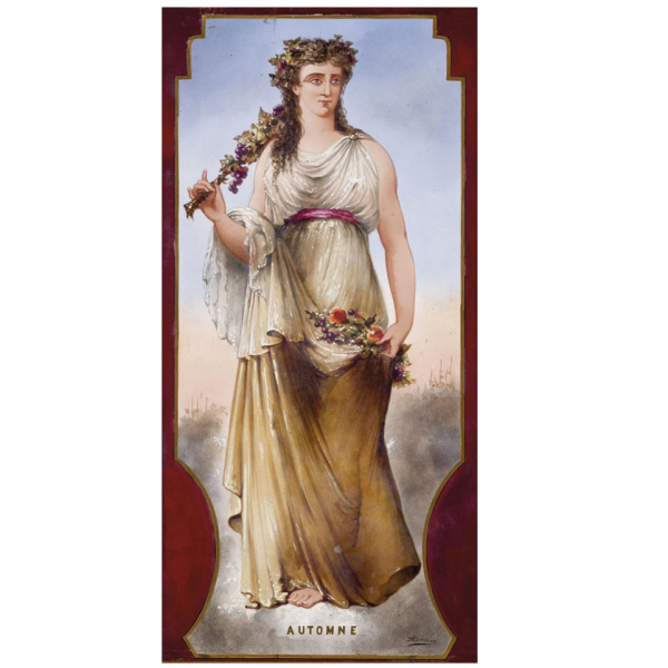 A. Dusson "Las cuatro estaciones" C. 1900.   Cuatro placas Art Nouveau en porcelana esmaltada, vidriada y dorada. Firmadas