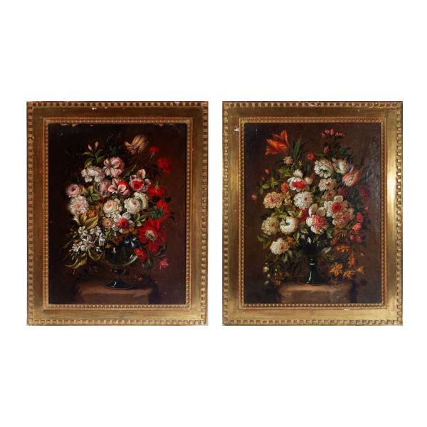 Pareja de grandes bodegones de Flores, escuela francesa o flamenca del siglo XVII - XVIII.