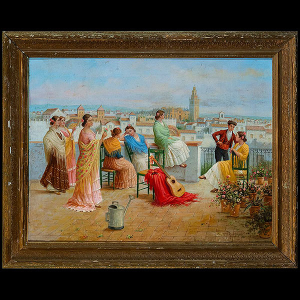 Escena Costumbrista en Azotea, Escuela Española, Siglo XIX.