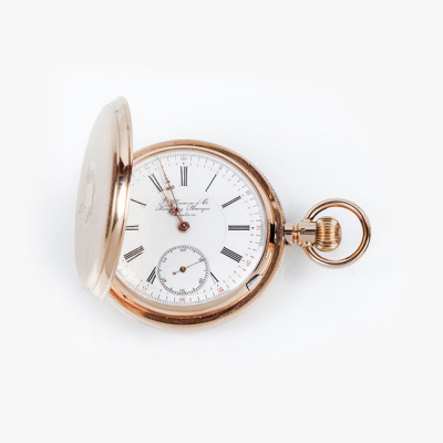 Excelente reloj cronómetro saboneta suizo, J. ULLMANN &amp;Co (Hong Kong-Shangai-Tientsin), nº 40151 0, en caja original de oro rosa 14 K.