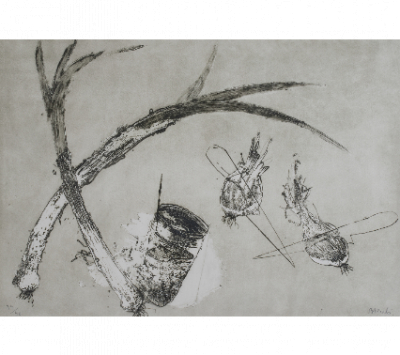 MIQUEL BARCEL&Oacute; (Felanitx, 1957)  Tres Bodegones: Puerros, cebollas, cuchillos y vaso   Aguafuerte y aguatinta. 