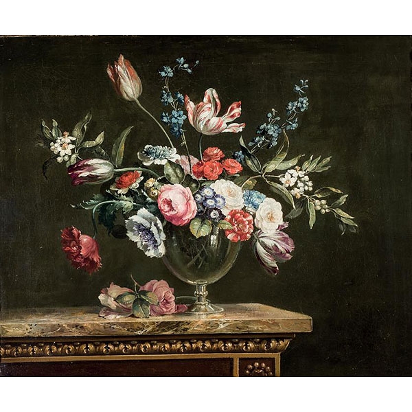 Taller de Jean Baptiste Monnoyer (1636 - 1699).  &quot;Tulipanes, rosas y otras flores en una copa de cristal sobre una mesa de mármol&quot;. 