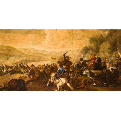 ESCUELA FRANCESA S XVII &quot;Escena de batalla&quot;. Óleo sobre lienzo.