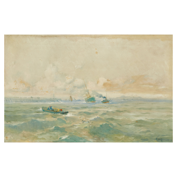 Eliseo Meifrén i Roig (Barcelona, 1857-1940) Escena marina con pesquero. Óleo sobre tela. Firmado.