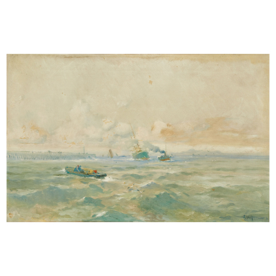 Eliseo Meifr&eacute;n i Roig (Barcelona, 1857-1940) Escena marina con pesquero. &Oacute;leo sobre tela. Firmado.
