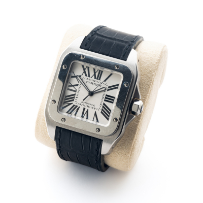 Reloj CARTIER &laquo;Santos 100&raquo;. Reloj de pulsera para caballero en acero y correa de piel, c.2004. Ref. 847468 MX. 