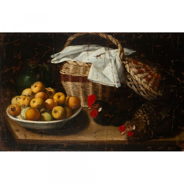 Bodeg&oacute;n con frutas, cestos y gallinas. Escuela Colonial S. XVII (signed "Salvador Guti&eacute;rrez").   &Oacute;leo sobre lienzo.