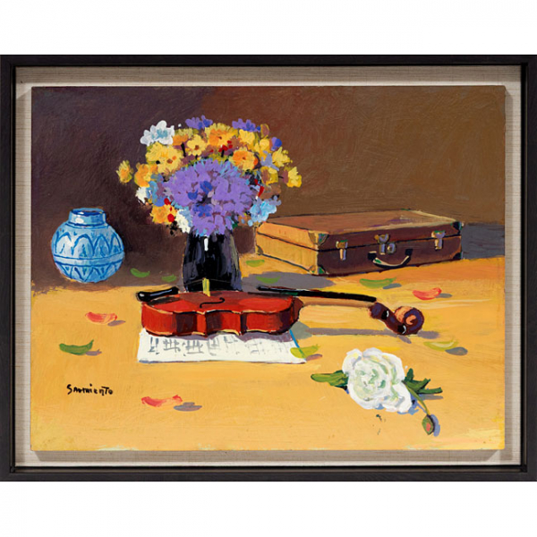 F. D. SARMIENTO    (S. XX)  "Bodegón de jarrón con flores y violín "  Firmado: Sarmiento  Óleo / Tabla 