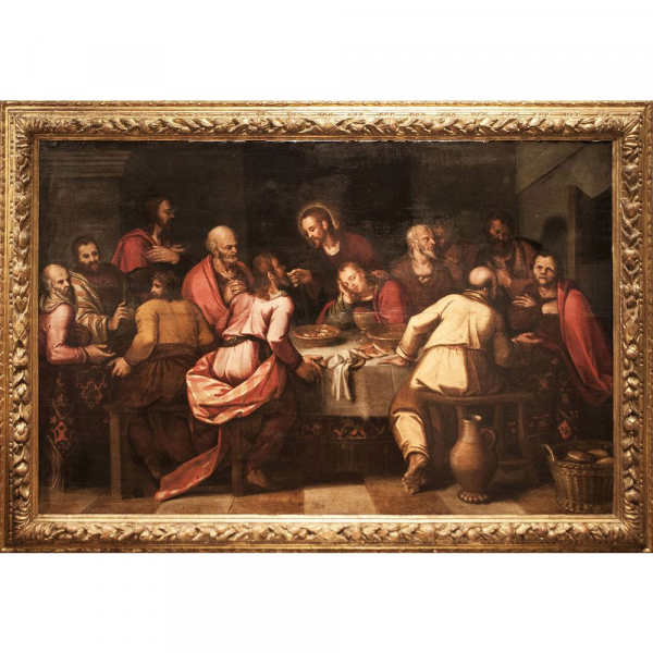 Escuela Italiana veneciana del siglo XVI "La última cena". Óleo sobre tabla.
