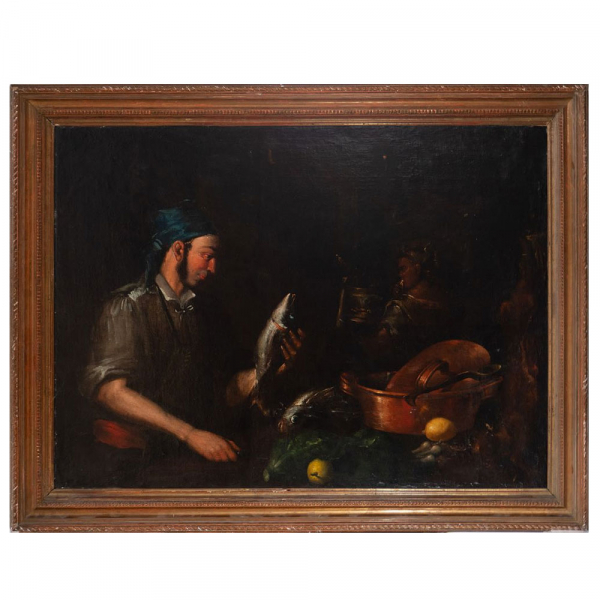 Importante Bodegón de Vendedor de Pescado, a la manera de Bernardo Strozzi "il Cappuccino" Escuela Italiana del siglo XVII