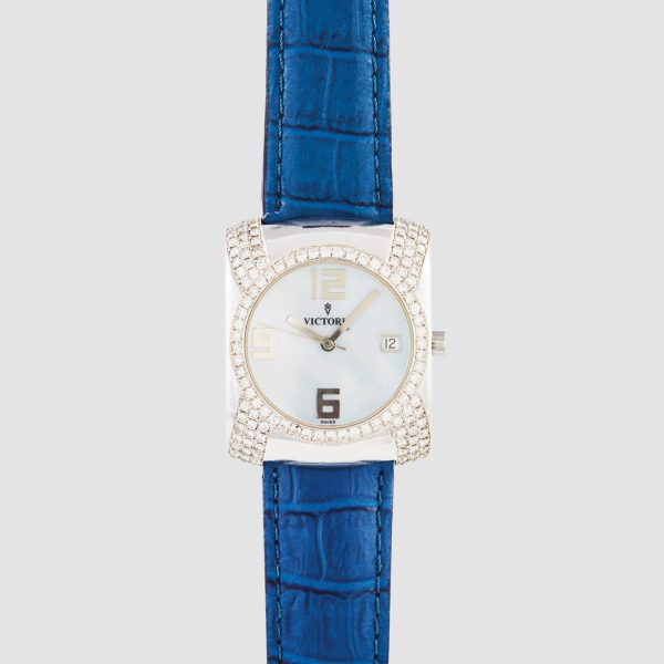 VICTORIA. Reloj de pulsera para se&ntilde;ora. En acero y correa de piel. Caja y bisel de diamantes talla brillante.  