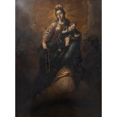 Escuela sevillana, s.XVIII.  Virgen del rosario con el Ni&ntilde;o.  &Oacute;leo sobre tela. 