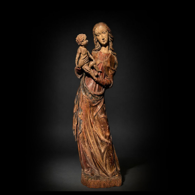 Excepcional "Virgen con el Ni&ntilde;o" medieval alemana, Valle del Rin, finales del siglo XIV.  