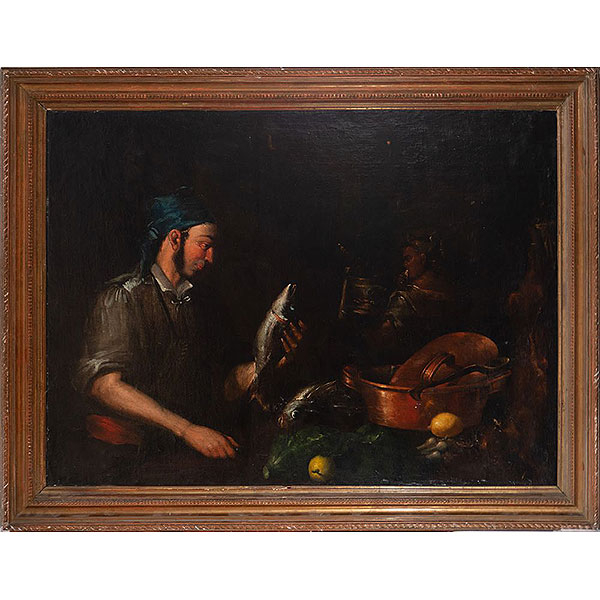 Importante Bodegón de Vendedor de Pescado, a la manera de Bernardo Strozzi, apodado "il Cappuccino" (Génova, 1581 - Venecia 1644) escuela Italiana del siglo XVII.