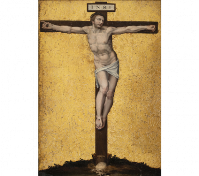ESCUELA ROMANA, H. 1570- 1600 Cristo crucificado     Óleo sobre tabla. 
