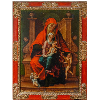 "Virgen con el Ni&ntilde;o y Santa Ana" Escuela Italiana, Siglo XV-XVI.    &Oacute;leo sobre tabla.