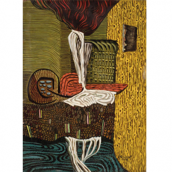 Eugenio Granell.   "El r&iacute;o nace sin piel (1959)". &Oacute;leo sobre lienzo. Firmado y fechado (59) en el &aacute;ngulo inferior derecho.