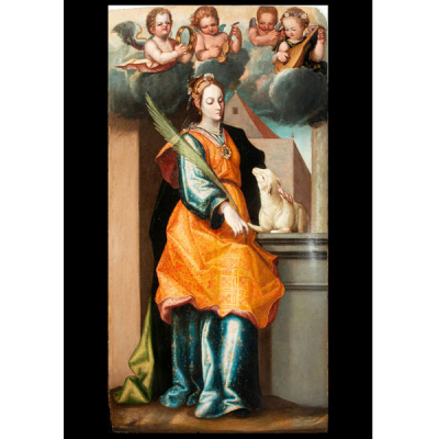 Muy Importante Santa Inés al óleo sobre tabla, escuela de Francisco Pacheco (1564-1644), maestro manierista sevillano del siglo XVI.
