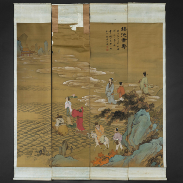 &quot;Escena mitológica&quot; Conjunto de cuatro pergaminos pintados a mano sobre papel de arroz del siglo XX.