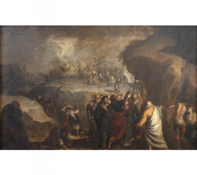 ESCUELA VALENCIANA, H. 1650 Moisés haciendo brotar el agua de la roca de Horeb