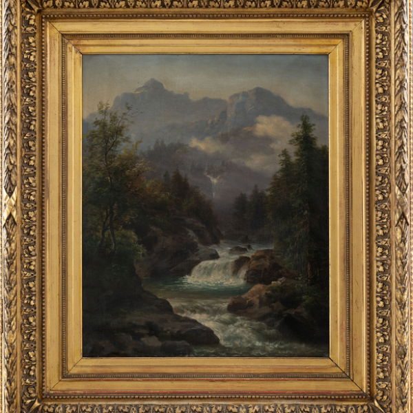 "Paisaje montañoso con río"  ESCUELA FRANCESA, Siglo XIX