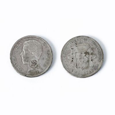 Moneda de plata (900 mil). ESPAÑA, 5 Pesetas, Amadeo I, 1871  