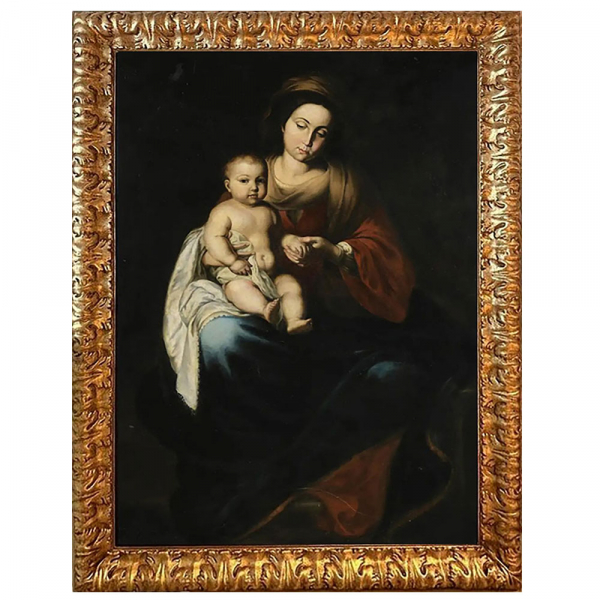 Monumental "Virgen con Niño", a la manera de Bartolomé Esteban Murillo (obrador), siglo XVII. Óleo sobre lienzo. 