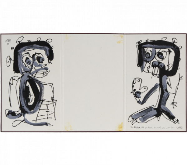 ANTONIO SAURA (Huesca, 1930 - Cuenca, 1998).  El escritor y el pintor, 1993. Acr&iacute;lico y gouache sobre carpeta de cart&oacute;n.