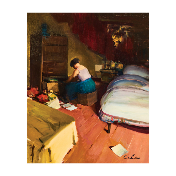 Ramón Calsina Baró (Barcelona, 1901-1992) Interior con personaje femenino. Óleo sobre tela. Firmado.