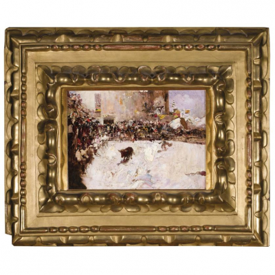 Mariano Fortuny Marsal (1838 - 1874). "Corrida de toros". &Oacute;leo sobre lienzo adherido a cart&oacute;n. Firmado