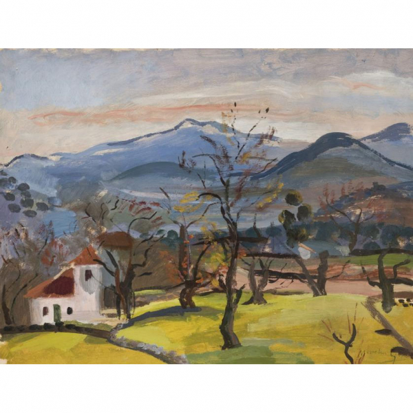 Menchu Gal.   "Paisaje vasco". Óleo sobre cartón o papel. Firmado en el ángulo inferior derecho.