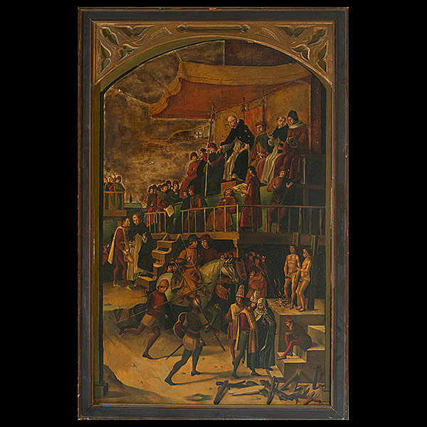 Siguiendo modelos de PEDRO BERRUGUETE (Paredes de Nava, Palencia c. 1450-Madrid 1503) - Auto de Fe presidido por Santo Domingo de Guzm&aacute;n, siglo XIX.