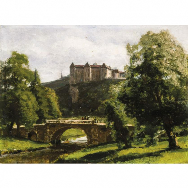 Agustín Riancho.    &quot;Castillo y puente (1880)&quot;. Óleo sobre tabla.