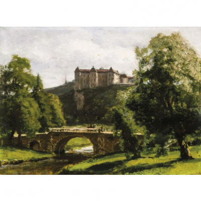 Agustín Riancho.    &quot;Castillo y puente (1880)&quot;. Óleo sobre tabla.