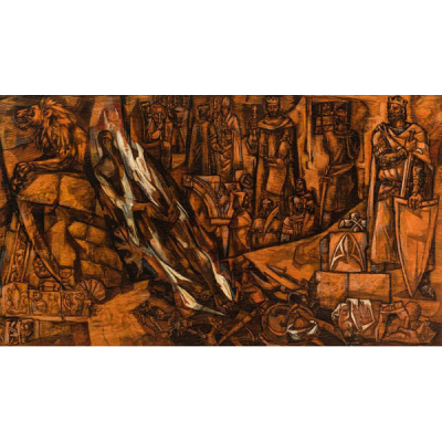 José Vela Zanetti. (1913 - 1999) &quot;Estudio para un mural del Cid&quot;. Técnica mixta sobre tabla.