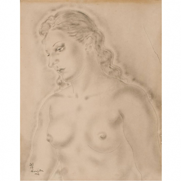 Tsuguharu Foujita.   "Buste de jeune femme (1928)". Dibujo a tinta con difuminado sobre papel adherido a cartón.