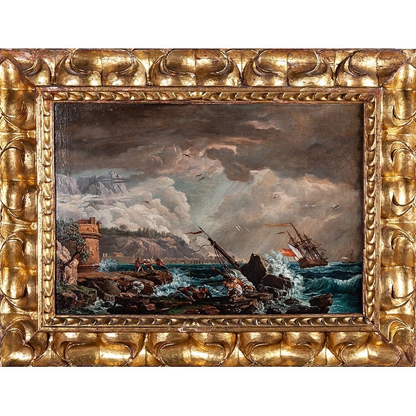 Circulo de Claudio Joseph Vernet (Aviñon 1714 - París 1789) "Naufragio en la tormenta"