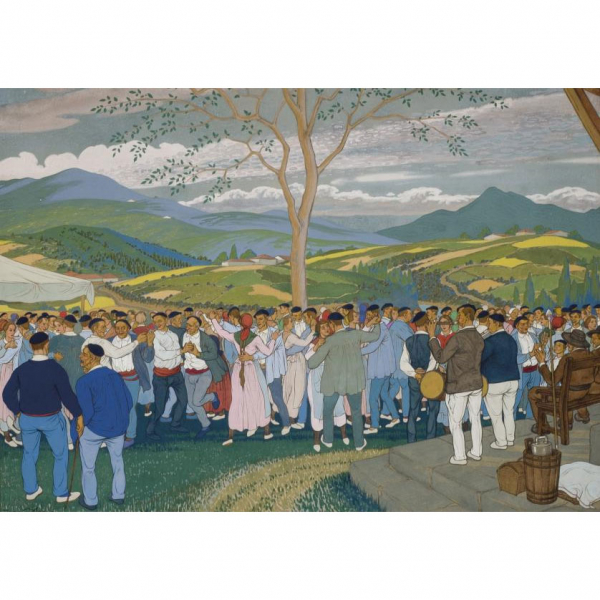 José Arrúe.   "Romería en pueblo vasco". Gouache sobre papel. Firmado en el ángulo inferior izquierdo.