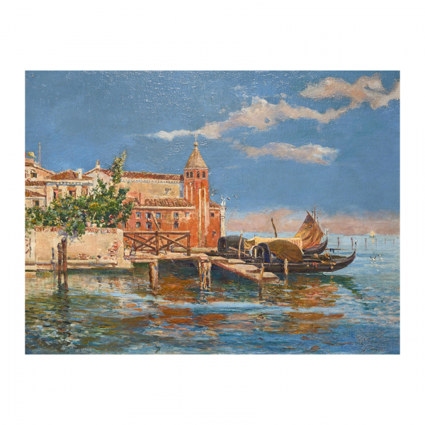 Escuela italiana, fles. del s.XIX.  Vistas de puerto.  Óleo sobre tabla. Firmado Rico. 