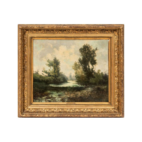 HIPPOLYTE ALIZONE   (Francia S. XIX)  "Paisaje con lavanderas en el río "  Firmado: Hippolyte Alizone  Óleo / Lienzo 