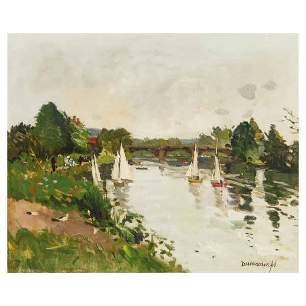 Rafael Durancamps Folguera. Paisaje fluvial con veleros. Óleo sobre tela.