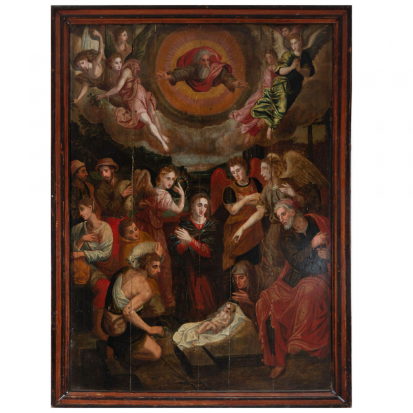 La Adoración de Pastores, escuela Hispanoflamenca del siglo XVI - XVII.   Óleo sobre tabla