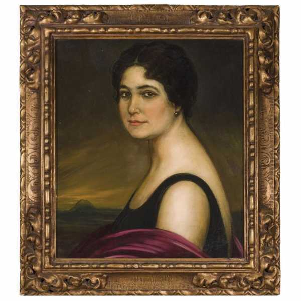 Julio Romero de Torres.   &quot;Retrato de Carmen Navarro&quot;. Óleo y temple sobre lienzo. Firmado