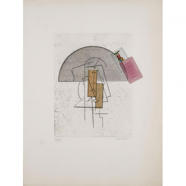 Manolo Valdés. "Figura con naipes (1985)". Aguafuerte y collage sobre papel son sello en seco del editor.  