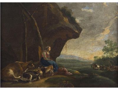 ESCUELA HOLANDESA, SIGLO XVII Paisaje con pastora, vacas y cabras